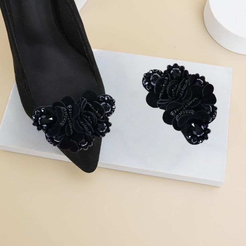 Douqu 2 Pcs 2.8inch Women Bow Flower Crystal Flip Flop Shoe Charms Beaded Fashion Shoe Clips (Black) - Image 3